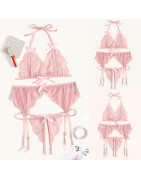 Pyjama jarretelles en dentelle pour femmes, Lingerie Sexy, sous vêtements de nuit, anneau en acier, Lingerie intime, ensemble so