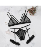 Ensemble De Lingerie en dentelle transparente pour femmes, grande taille, Sexy, soutien gorge + string, sous vêtements noirs, vê