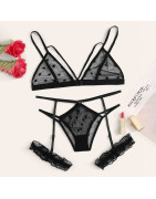 Ensemble De Lingerie en dentelle transparente pour femmes, grande taille, Sexy, soutien gorge + string, sous vêtements noirs, vê