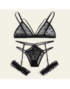 Ensemble De Lingerie en dentelle transparente pour femmes, grande taille, Sexy, soutien gorge + string, sous vêtements noirs, vê